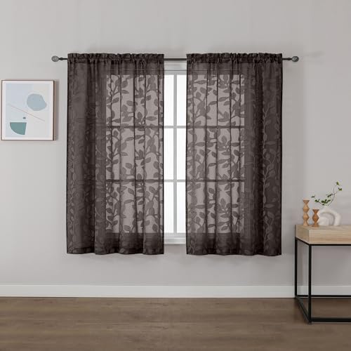 "OVZME Brown Sheer Curtains, 42""W x 45""L, 2 Panels, Semi Sheer, Light Filtering, Textured, Leaf Pattern, Rod Pocket Top, Chocolate, Indoor, Living Room, Bedroom, Kitchen, Nursery, Home Office"