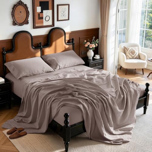 "LBRO2M 100% French Organic Linen Sheet Set, 19"" Deep Pocket King Size 4 Pcs - Natural Flax Bed Sheet, Soft, Breathable,Durable Sheets, Cozy for All Year Round, Ideal for Hot Sleepers, Mauve Desert"