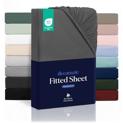 Dreamzie Fitted Sheet 90 x 190 cm for Thick Mattress up to 33 cm – 100% Polyester Microfibre – Dark Grey Certified Chemical-Free (Oeko Tex), Fitted Sheet with Full Elastic