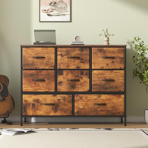 Feonase Chest of Drawers,Bedroom Dresser with 8 Fabric Drawers, Metal Frame & MDF Wood Top, Adjustable Feet, Storage Organizer Unit for Bedroom, Closet, Living Room, Office Hallway, Rustic Brown