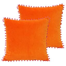 Paoletti Velvet Pompom Polyester Filled Cushions (Twin Pack), Cotton, Orange/Fuschia