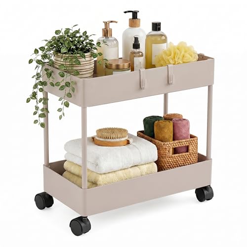 Relaxdays 2-tier trolley, serving/kitchen/bathroom/office, beige
