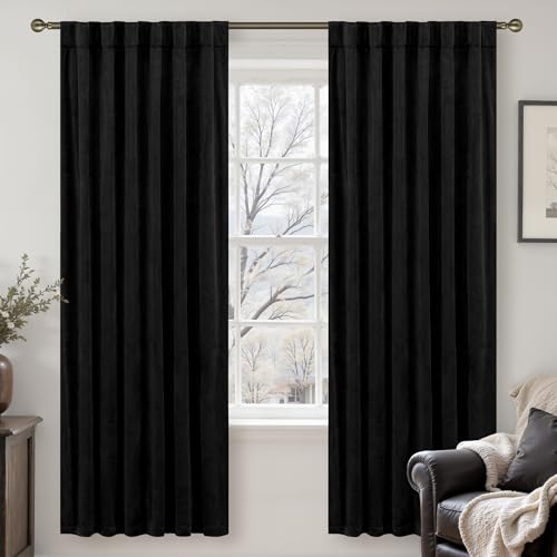 LAMIT Halloween Black Velvet Curtains for Bedroom 72 Inch, Luxury Thermal Room Darkening Drapes Back Tab and Rod Pocket Privacy Blackout Panels for Movie Theater, 2 Panels, 52 x 72 Inch