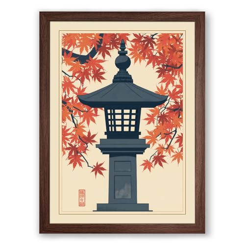 Autumn Stone Lantern Japandi Framed Wall Art Print A4 (29.7×21cm) Walnut, Wall Decor for Living Room, Bedroom, Office & Home, Ready to Hang, Art Gift
