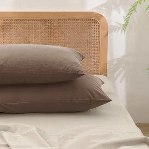 BESTOUCH Washed Cotton Pillowcases Linen Feel Pine Bark Brown King - 100% Washed Cotton, Linen Feel, Soft Wrinkle Texture, Envelope Closure, Breathable Lightweight Durable Comfy, 2 Pcs No Insert