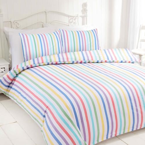 Rapport home Candy Stripe King Duvet Cover Set - 100% Cotton, Multicolour Striped Pattern, Easy Care Bedding for Kids & Adults