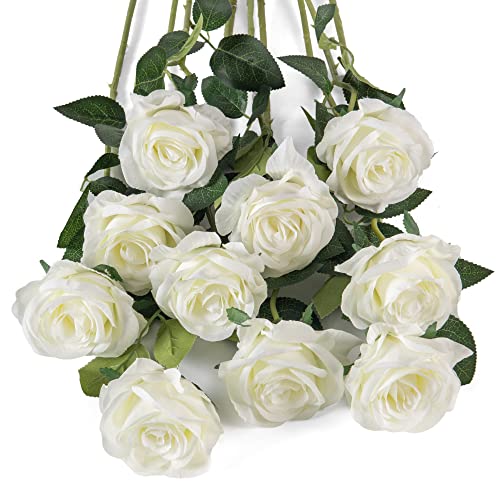 Flojery 10pcs White Silk Roses Artificial Rose Flowers Long Stem for DIY Wedding Bouquet Table Centerpiece Home Décor