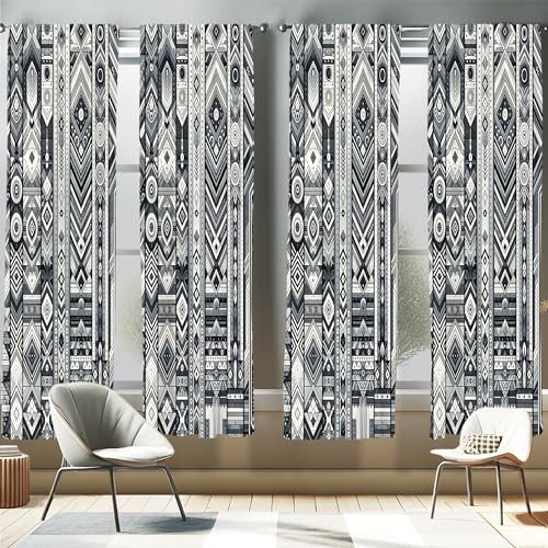 "Ambesonne Southwestern Window Curtains Pack of 2, Monochrome Look Geometric Ethnic Tribal Stripes Abstract Motifs, Lightweight Set with Rod Pocket, 4 Panels of - 28"" x 84"", Dark Blue Grey and White"