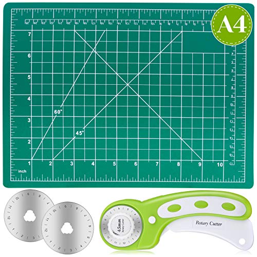 Audab Rotary Cutter Set, Self Healing Sewing Mats Rotary Cutter and Mat 45mm Rotary Fabric Cutter Set with 2 Blades Rotary Cutting Mat for Crafts Fabric Quilting Hobby 9 x 12(A4)