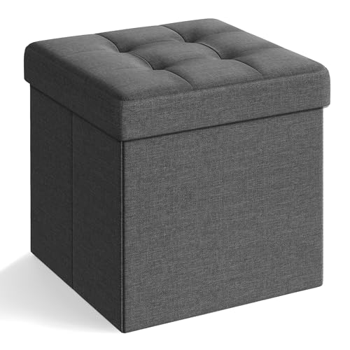SONGMICS MAZIE Collection - Storage Ottoman Cube, 38 cm Folding Foot Rest Stool, Small Ottoman with Storage, Easy Assembly, for Living Room, Bedroom, Dorm, Dark Grey LSF82GYZ