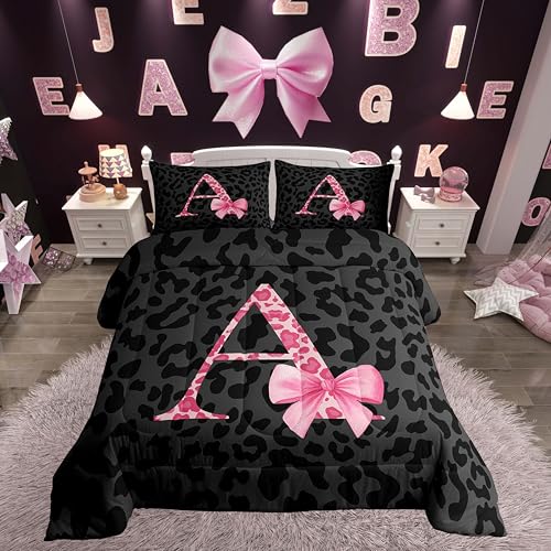 jejeloiu Initial Letter A Kids Comforter Set Twin Size Leopard Print Bedding Set Pink Bowknot Alphabet Duvet Quilt for Kids Girls Women Bedroom Cheetah Skin Decor Microfiber Ultra Soft Breathable
