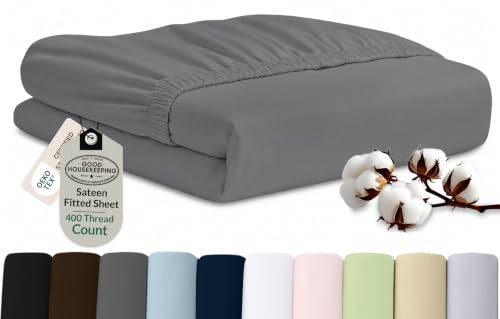 "Royale Linens 400 Thread Count 100% American Grown Cotton Fitted Sheet Twin Size - All Around Elastic Fitted Sheet - Luxury Sateen Weave - Snug Fit Bottom Sheets Fit Up to 16"" (Twin,Spanish Slate)"