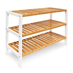 Relaxdays Bamboo Shoe Rack, With 3 Shelves, 70 x 54.5 x 24.5 cm, for 12 Pairs of Shoes, Brown/White