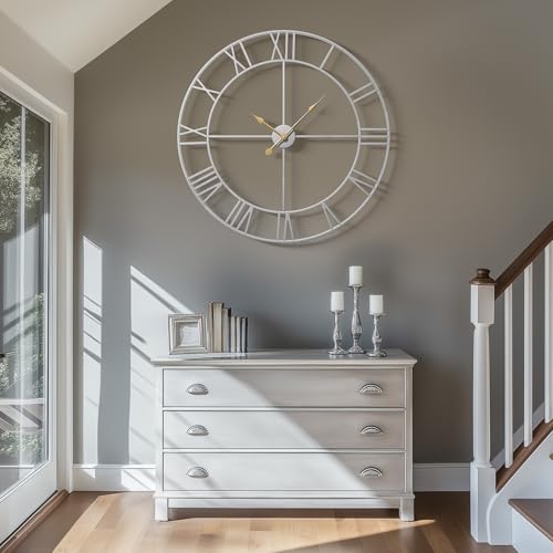 Cuspin 36 Inch Large Silver Wall Clock, Extra Large Silent Non Ticking Battery Operated Metal Roman Numeral Decorative Wall Clock for Living Room, Bedroom, Kitchen, Office, Entryway