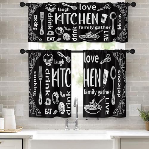 Tayney Farmhouse Chef Kitchen Window Curtains Valance and Tier Set 36 Inch, Modern Doodle Abstract Black Art Rod Pocket Short Tier Curtain for Bathroom, Funny Cafe Drapes for Kitchen Decor