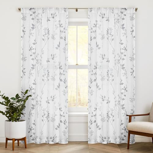 Beauoop Floral Linen Semi Sheer Curtains Living Room Grey 50x96 2 Panels - Farmhouse Flower Patterned Light Filtering Drapes for Bedroom 96 Inch Long Textured Privacy Voile Window Treatment Rod Pocket