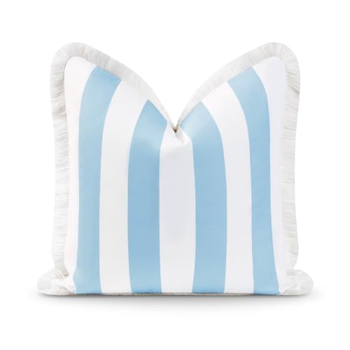 Hofdeco Premium Coastal Hampton Style Patio Indoor Outdoor Cushion Pillow Cover Only, 20''x20'' Water Resistant for Backyard, Couch, Baby Blue Stripe Fringe
