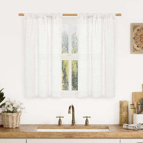 LAMIT White Linen Curtains 45 Inches Long for Window, Soft Privacy Faux Linen Textured Light Filtering Panels Rod Pocket Neutral Drapes for Bedroom/Loft Room, 29 x 45 Inch, 2 Panels