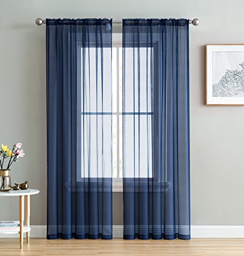 HLC.ME Navy Blue Sheer Voile Window Treatment Rod Pocket Curtain Panels for Bedroom, Kitchen, and Living Room (54 x 72 inches Long, Set of 2)