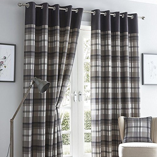 "Homemaker Portfolio Orleans Check Striped Fully Lined Eyelet Ring Top Curtains - Charcoal Grey 66"" Wide x 54"" Drop"