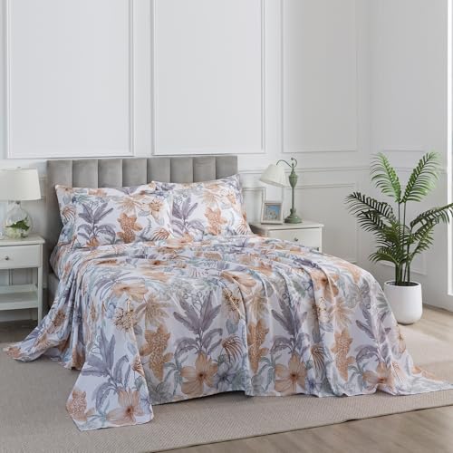 Puralens Floral Bed Sheets Modern Garden Soft Bedding Sets Grey Plantain Leaf Orange Flower Printed 100% Percale Cotton Crisp Sheet Set Tropical Unique Fitted Sheets for Deep Mattress, Queen, 4Pcs