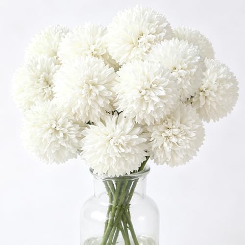 Tinsow 12 Pcs Artificial Flowers Faux Ball Chrysanthemum Bouquet Silk White Flowers Bridal Wedding Bouquet for Home Garden Party Wedding Decoration (White, 12)