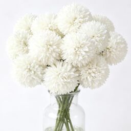 Tinsow 12 Pcs Artificial Flowers Faux Ball Chrysanthemum Bouquet Silk White Flowers Bridal Wedding Bouquet for Home Garden Party Wedding Decoration (White, 12)