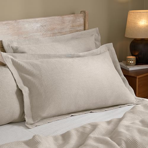 Yard Hebden Relaxed Waffle Pillowcase Pair – Soft Textured Cotton Pillow Covers (Stone – 75x50cm)