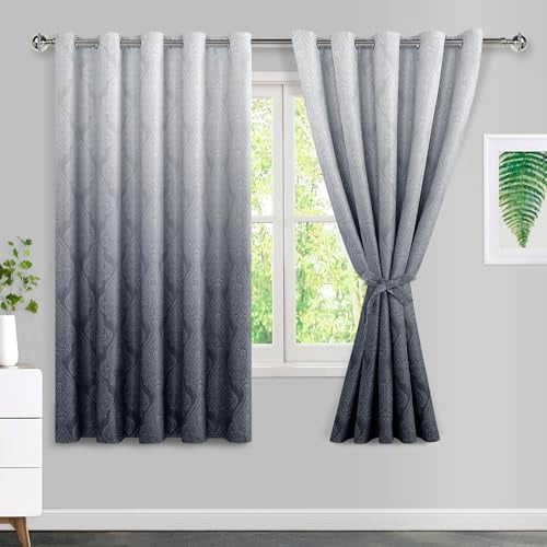JIUZHEN Ombre Blackout Curtains for Bedroom - Damask Patterned Thermal Insulated Energy Saving Grommet Curtains for Living Room, Gradient Window Curtain Panels, Set of 2, 60 x 63 Inches Long, Grey
