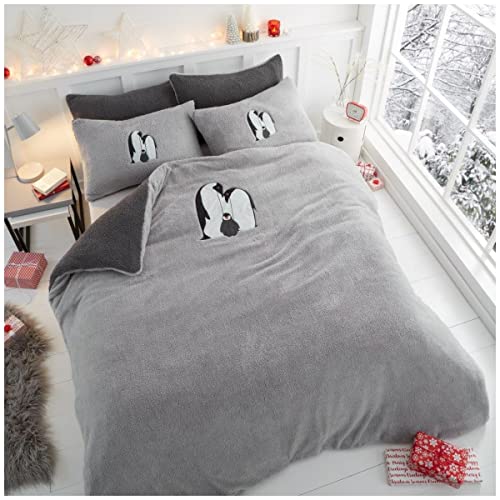 GC GAVENO CAVAILIA Fluffy Fur Fleece Teddy Embroidery Duvet Cover, Soft Snuggle Thermal Quilt Reversible Bedding Set, Single, Penguin-Grey