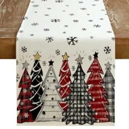 GEEORY Christmas Table Runner 13x72 Inch, Xmas Tees Snowflakes Holiday Decorative Farmhouse Table Decoration for Kitchen Dinning, Indoor Outdoor Dinner Party Decor ((Red & Black) GT165-72