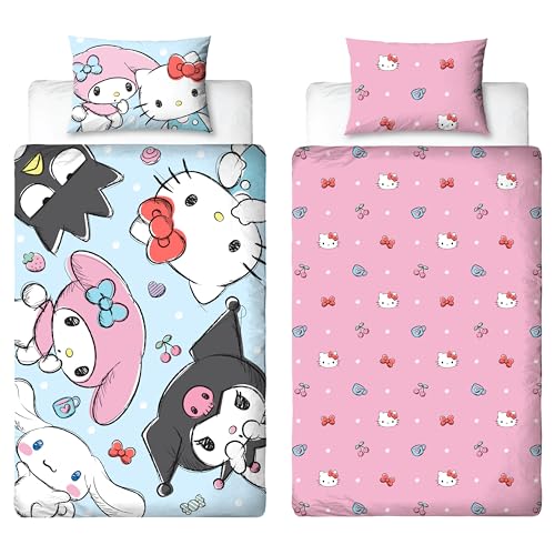 Hello Kitty Official Single Duvet Cover Set - Sugar Design - Reversible 2 Sided Bedding Cover - Official Merchandise Including Matching Pillow Cases - Polycotton - Multicolour