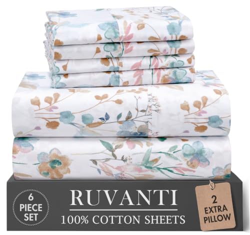 "Ruvanti 6 Pcs Cotton Sheets - 100% Natural Cotton Soft, Lightweight & Breathable Crispy Percale Sheets, Full Size Bed Sheets 16"" Deep Pockets, Radiant"