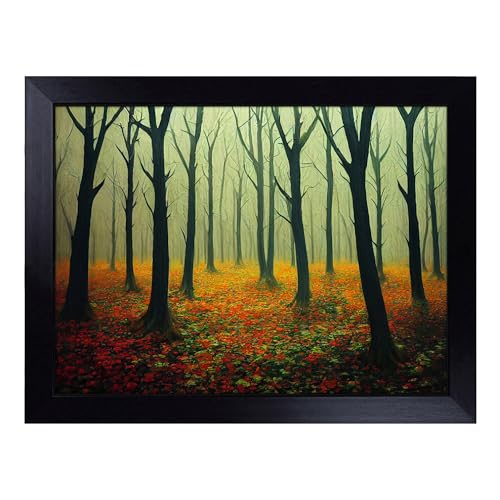 Lap Tray with Bean Bag Cushion, Forest Art Painting - Handmade in the UK, Raised Wooden Edge, Padded Cushion, Heat-Resistant Wipe-Clean Surface, for Meals, Laptops and Crafts
