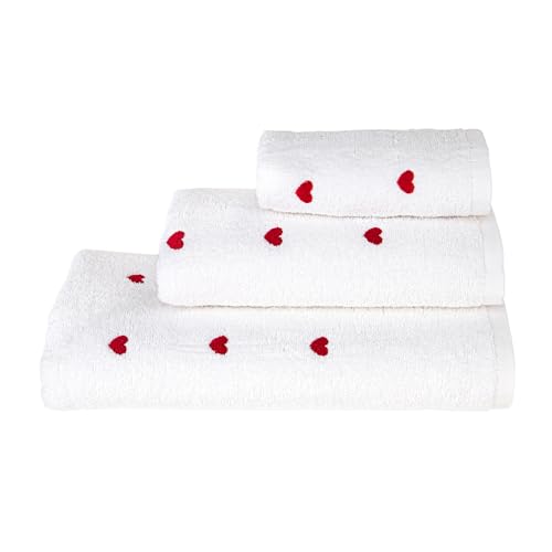 Sono a casa - Set of 3 Bath Towels with Embroidered Hearts - 100% Extra Soft and Absorbent Cotton - Bath Towel 70 x 140 cm + Face Towel 50 x 100 cm + Guest Towel 40 x 50 cm