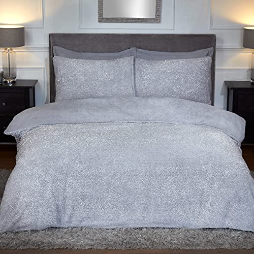 Sleepdown Sparkle Teddy Fleece Thermal Warm Cosy Super Soft Duvet Cover Quilt Bedding Set with Pillow Case - Grey, Single (135 cm x 200 cm)