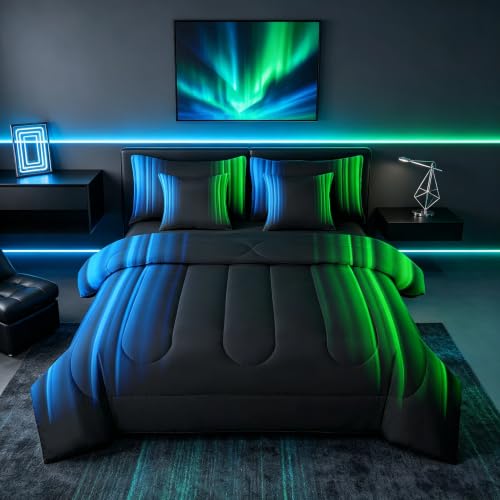 Feelyou Geometric Ombre Comforter Set with Sheets Kids Boys Teens Blue Green and Black 7 Piece Bedding Set Decor Modern Stripes Bed Set Queen Size