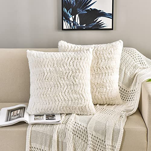 "YUSOKI Luxury Faux Fur Throw Pillow Covers-18 x18,Set of 2-Boho Furry Fuzzy Fluffy Cozy Pillow Cases for Sofa Couch Bedroom Without Insert(Ivory,18""x18"")"