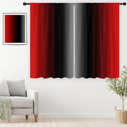 EGLGCC Black and Red Curtains Ombre Room Grey Burgundy Gradient Design 52W x 63L Inches Rod Pocket Curtain for Bedroom Living Room Window Drapes Treatment Fabric 2 Panels