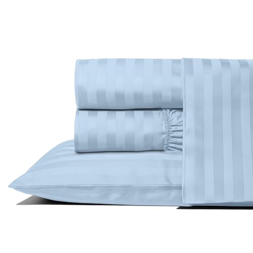"THREAD SPREAD 100% Egyptian Cotton Sheets Queen Size Bed Set - Luxury High Thread Count Damask Queen Sheet Set (4 PC, Light Blue Stripe), Soft, Cooling, 16"" Deep Pocket Sateen Weave Hotel Bed Sheet"