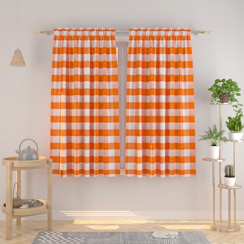 NATUS WEAVER Buffalo Check Curtains 54 inches Long Cotton Basement Gingham Plaid Kitchen Window Curtain Panels Living Room Checker Drapes Bedroom Rod Pocket Window Treatment 2 Panels Orange and White