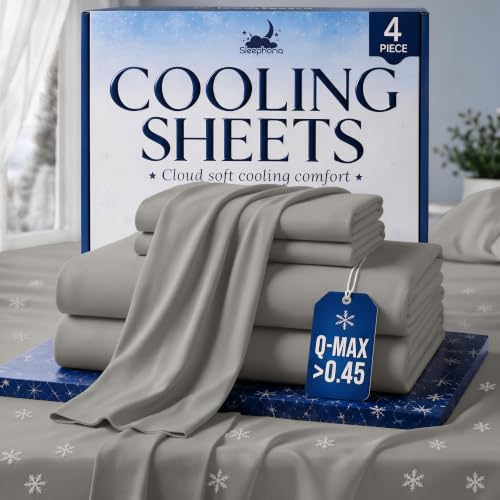 SLEEPHORIA 4 PC Cooling Sheets King Size Bed Set - Temperature Regulating Bedding for Hot Sleepers - Deep Pocket Cooling Bed Sheets King for Night Sweats and All-Night Cool Comfort (Light Grey)