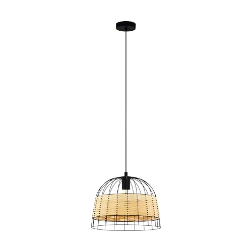 EGLO Anwick Pendant Light, 1-Bulb Vintage Boho Pendant Light Made of Steel and Rattan, Dining Table Lamp, Living Room Lamp, Hanging in Black, Natural, E27 Socket, Diameter 37 cm