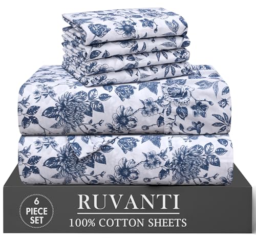 "RUVANTI 6 Pcs Cotton Sheets - 100% Natural Cotton Soft, Lightweight & Breathable Crispy Percale Sheets, Full Size Bed Sheets 16"" Deep Pockets, Wild Flower"