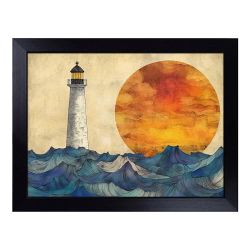 Lap Tray with Bean Bag Cushion, Lighthouse Graphic - Handmade in the UK, Raised Wooden Edge, Padded Cushion, Heat-Resistant Wipe-Clean Surface, for Meals, Laptops and Crafts