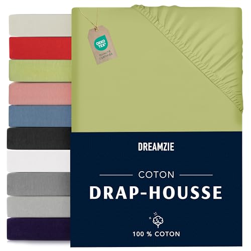 Jersey Cotton Fitted Sheets Green - For Mattress 90 x 200 x 22 cm - Certified Free of Chemical Products (OEKO TEX), Fitted Sheets with Full Elastic