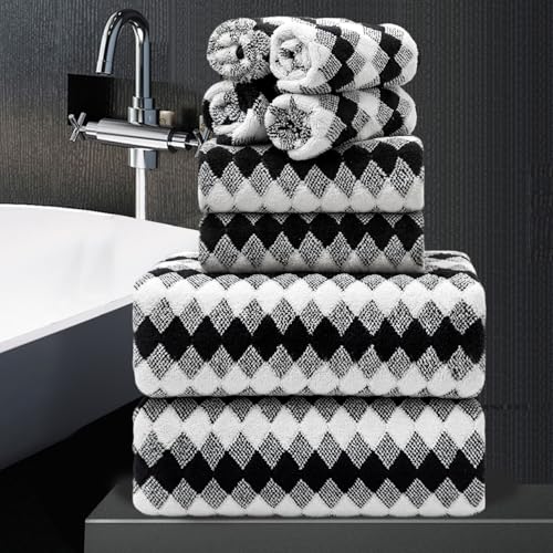 8 Piece Bathroom Towel Set Black White-2 Oversized Large Bath Towels Sheet,2 Hand Towels,4 Washcloths- 600GSM Soft Towel Set for Bathroom Hotel,Highly Absorbent Quick Dry Bath Towel Collections