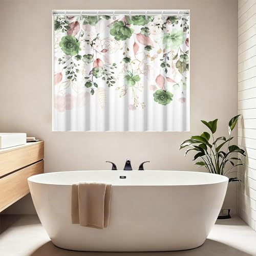 Leyiyi Green Pink Floral Bathroom Window Curtain, Watercolor Eucalyptus Leaves Flower Short Shower Window Curtains, Waterproof Fabric Small Curtain for Kitchen Bathroom Windows 48x48 Inch