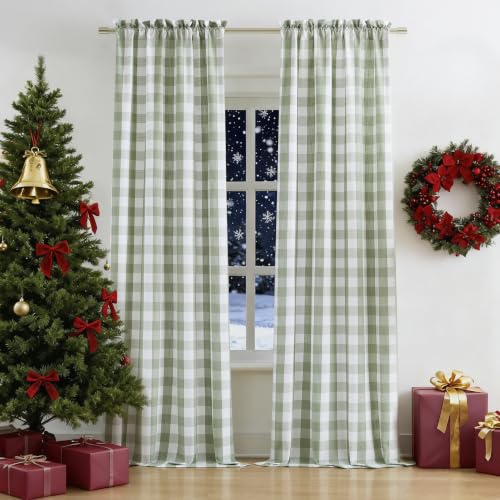 "Bapawfish Sage Green Semi Sheer Buffalo Check Curtains 95 Inches Length - Rustic Style Gingham Checkered Drapes for Bedroom Living Room with Rod Pocket,Farmhouse Window Treatment,40""Wx95""L,2 Panels"