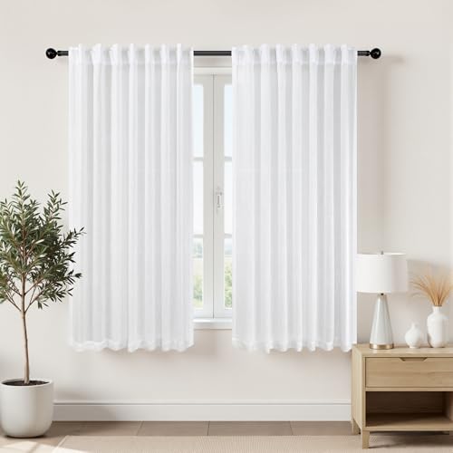 KOUFALL White Short Curtains for Kitchen Bedroom Small Window,Sheer Privacy Linen Mini RV Curtains for Camper Windows,45 Inch Length